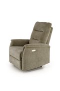Fotel do salonu, rozkładany, funkcja relax, miękka tkanina kolor oliwkowy