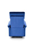 Fotel do salonu z funkcją elektrycznego rozkładania, gniazdo USB, kolor granatowy, tkanina velvet