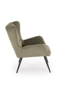 Fotel do salonu, klasyczny, kolor oliwkowy, z przeszyciami, na czarnych metalowych nogach, tkanina - VARDO