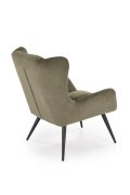Fotel do salonu, klasyczny, kolor oliwkowy, z przeszyciami, na czarnych metalowych nogach, tkanina - VARDO
