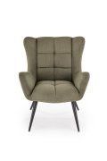 Fotel do salonu, klasyczny, kolor oliwkowy, z przeszyciami, na czarnych metalowych nogach, tkanina - VARDO