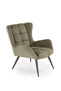 Fotel do salonu, klasyczny, kolor oliwkowy, z przeszyciami, na czarnych metalowych nogach, tkanina - VARDO
