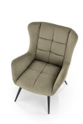 Fotel do salonu, klasyczny, kolor oliwkowy, z przeszyciami, na czarnych metalowych nogach, tkanina - VARDO