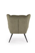 Fotel do salonu, klasyczny, kolor oliwkowy, z przeszyciami, na czarnych metalowych nogach, tkanina - VARDO
