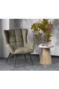 Fotel do salonu, klasyczny, kolor oliwkowy, z przeszyciami, na czarnych metalowych nogach, tkanina - VARDO