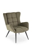 Fotel do salonu, klasyczny, kolor oliwkowy, z przeszyciami, na czarnych metalowych nogach, tkanina - VARDO