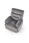 Rozkładany Fotel do salonu w popielatej miękkiej tkaninie typu velvet, funkcja relax
