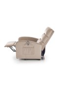Fotel do salonu, klasyczny, kolor beżowy, rozkładany, tkanina velvet, funkcja relax i pionizacji