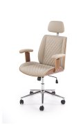 Fotel gabinetowy obrotowy klasyczny nowoczesny, kolor beżowy, orzechowy, eko skóra, sklejka gięta, kółka kauczukowe