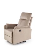 Fotel do salonu w kolorze beżowym z funkcją elektrycznego rozkładania, funkcja relax, tkanina velvet BLUVEL