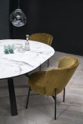 Krzesło retro oliwkowe z tapicerką materiałową i czarnym stelażem metalowym