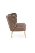 Fotel do salonu nowoczesny, tkanina SVEN, kolor ciemny brązowy i nóżki drewniane w kolorze naturalnym