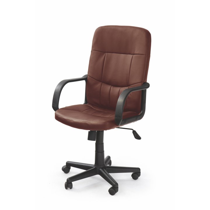 Fotel do biurka, bez zagłówka, w brązowej ekoskórze, na czarnej obrotowej podstawie