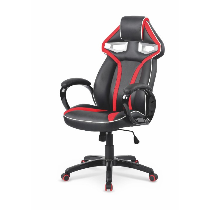 Gamingowy fotel gabinetowy kolor czerwono-czarny na czarnej podstawie, kółka kauczukowe, eko skóra, tkanina membranowa