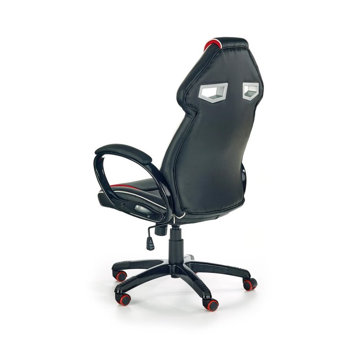 Gamingowy fotel gabinetowy kolor czerwono-czarny na czarnej podstawie, kółka kauczukowe, eko skóra, tkanina membranowa