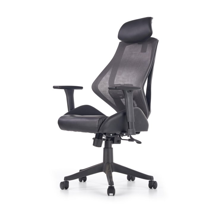 Czarno-popielaty fotel gabinetowy z siatkowym oparciem, regulowane podłokietniki i zagłówek, eko skóra