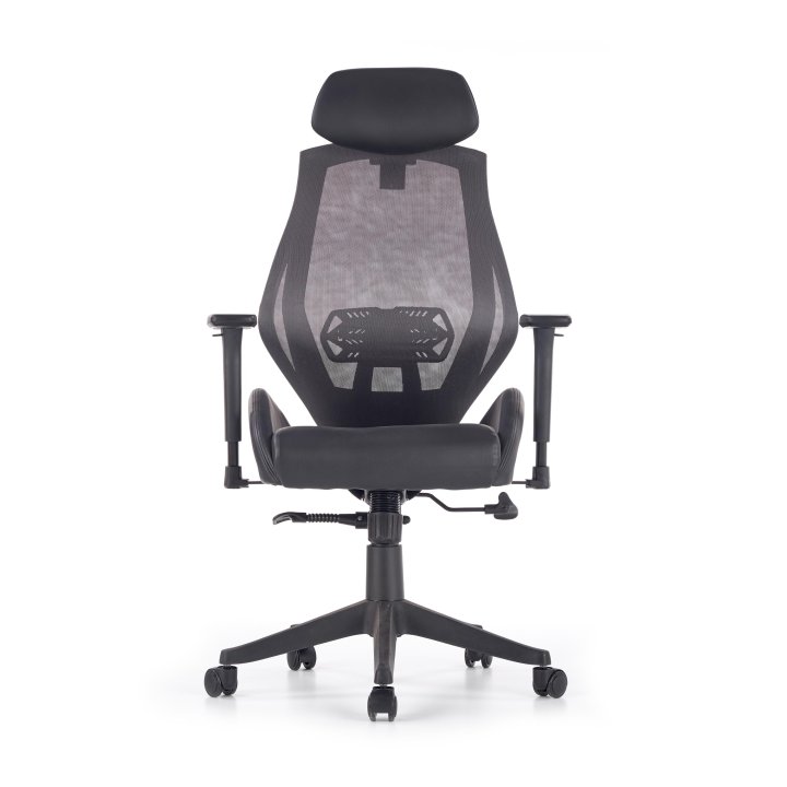 Czarno-popielaty fotel gabinetowy z siatkowym oparciem, regulowane podłokietniki i zagłówek, eko skóra