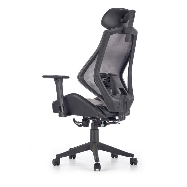 Czarno-popielaty fotel gabinetowy z siatkowym oparciem, regulowane podłokietniki i zagłówek, eko skóra