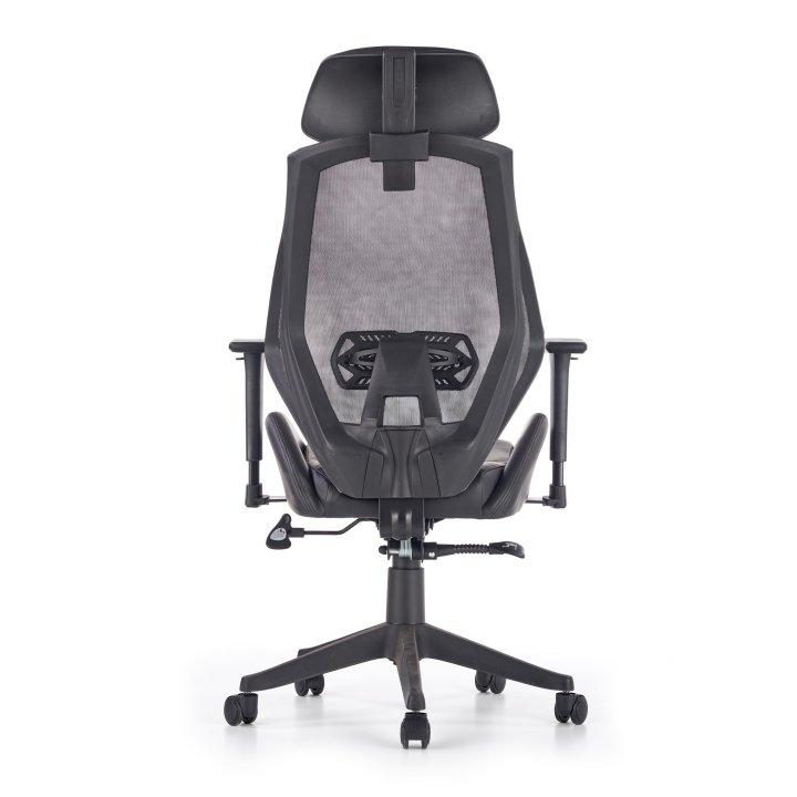 Czarno-popielaty fotel gabinetowy z siatkowym oparciem, regulowane podłokietniki i zagłówek, eko skóra