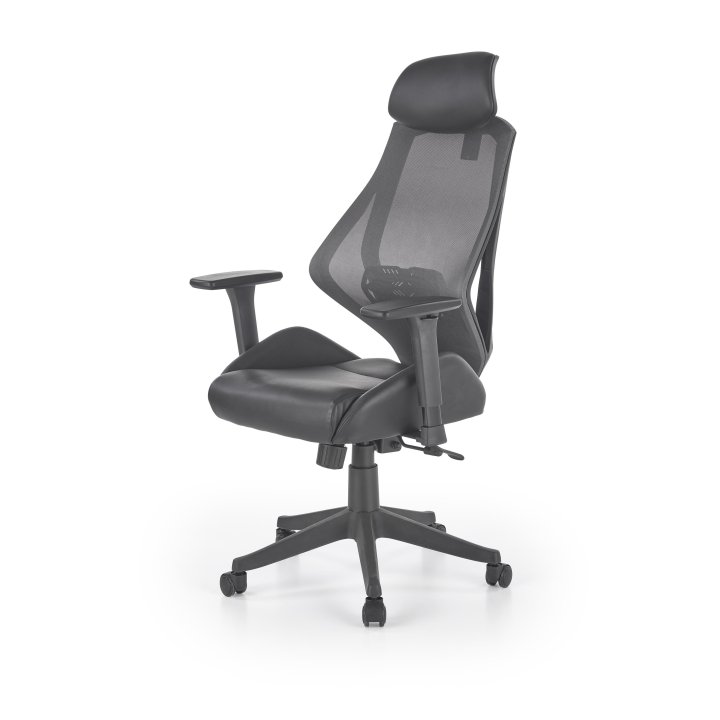 Czarno-popielaty fotel gabinetowy z siatkowym oparciem, regulowane podłokietniki i zagłówek, eko skóra