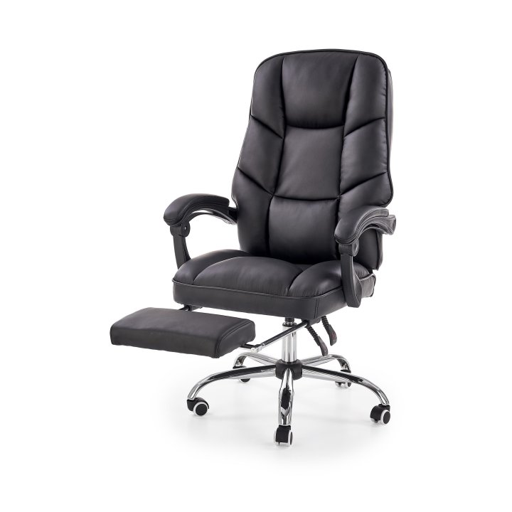 Fotel do biurka z wysuwanym podnóżkiem, eko skóra, podstawa chromowana, kółka kauczukowe