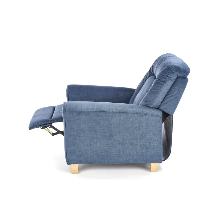 Klasyczny wypoczynkowy, funkcja relax, ciemny niebieski, nóżki drewniane bukowe