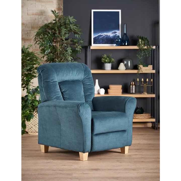 Klasyczny wypoczynkowy, funkcja relax, ciemny niebieski, nóżki drewniane bukowe