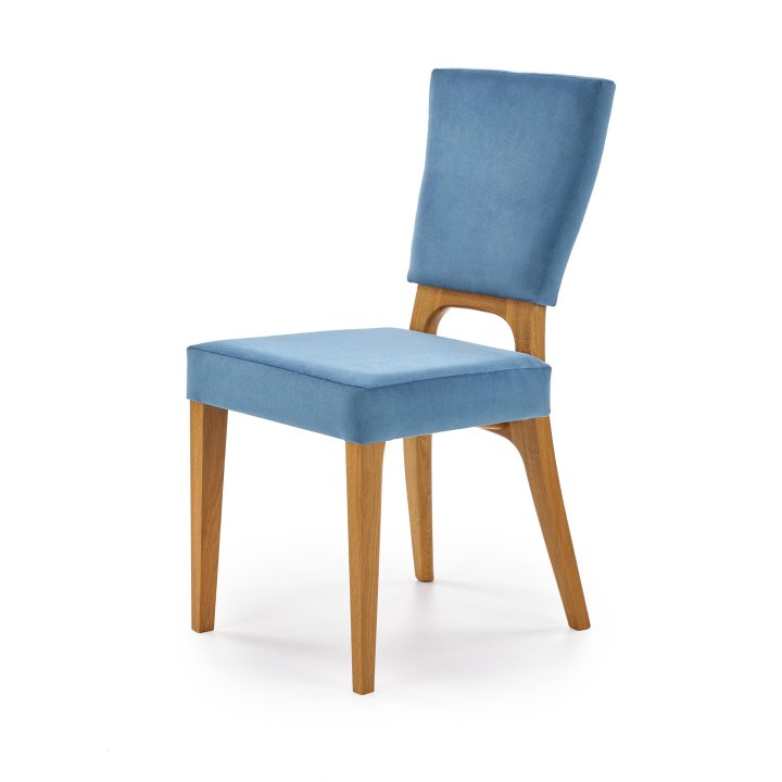 Niebieskie krzesło do salonu tapicerowane z drewnianymi nogami