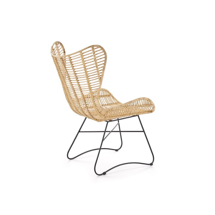 Rattanowy Fotel do salonu, boho, skandynawski, na czarnym stelażu, rattan naturalny