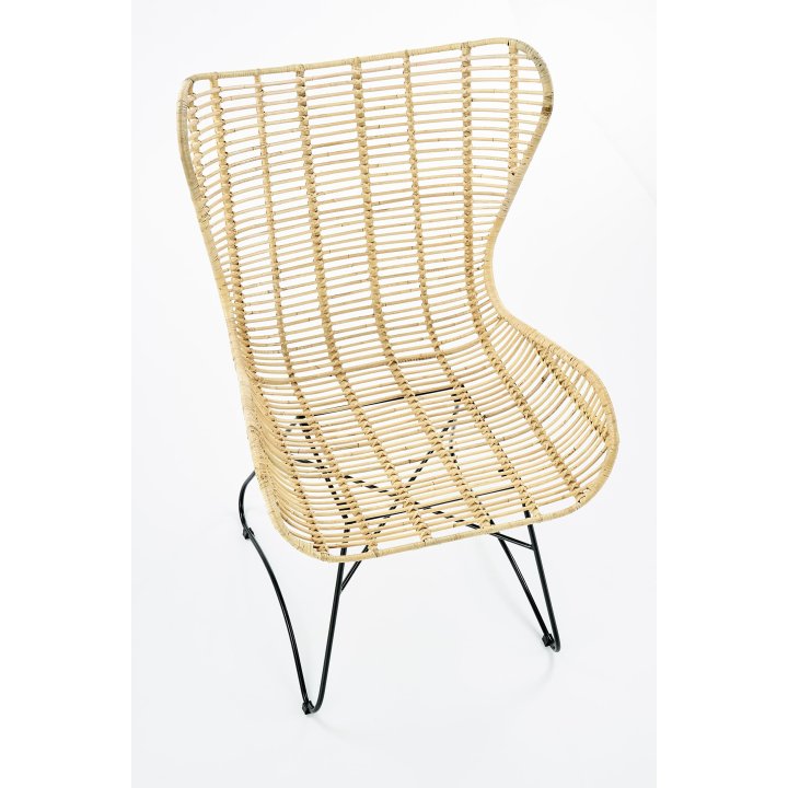 Rattanowy Fotel do salonu, boho, skandynawski, na czarnym stelażu, rattan naturalny