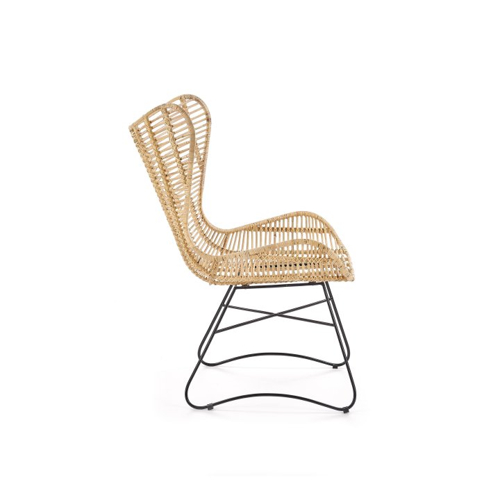 Rattanowy Fotel do salonu, boho, skandynawski, na czarnym stelażu, rattan naturalny