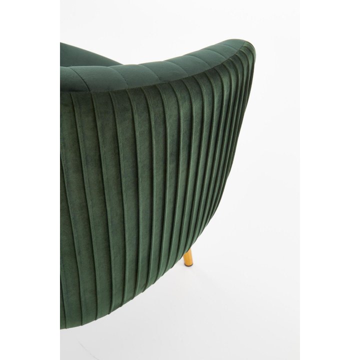 Fotel do salonu, glamour, klasyczny, kolor ciemno zielony, na złotych nogach, z otulającym oparciem, tkanina velvet