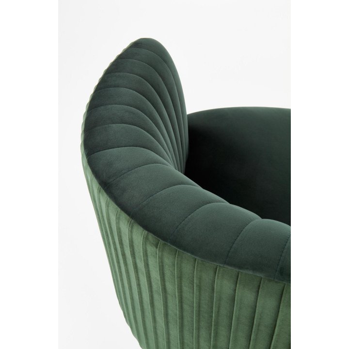 Fotel do salonu, glamour, klasyczny, kolor ciemno zielony, na złotych nogach, z otulającym oparciem, tkanina velvet