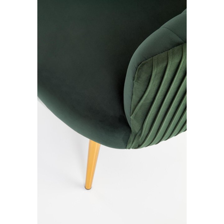 Fotel do salonu, glamour, klasyczny, kolor ciemno zielony, na złotych nogach, z otulającym oparciem, tkanina velvet