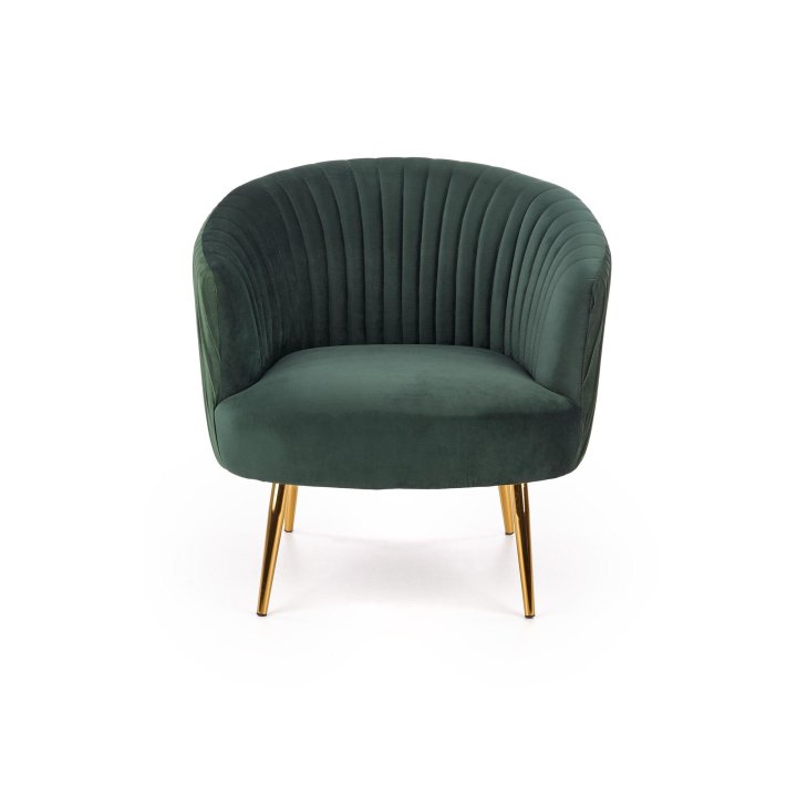 Fotel do salonu, glamour, klasyczny, kolor ciemno zielony, na złotych nogach, z otulającym oparciem, tkanina velvet