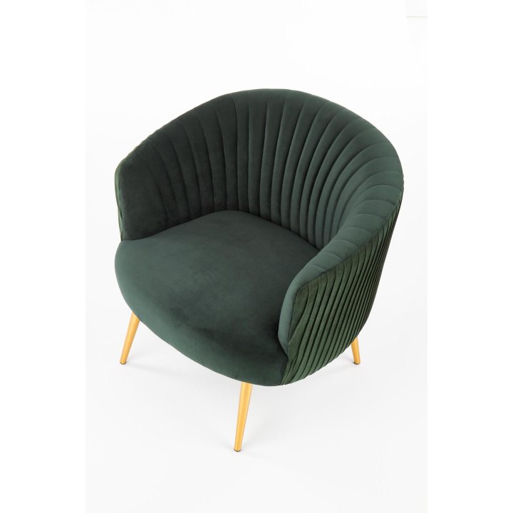 Fotel do salonu, glamour, klasyczny, kolor ciemno zielony, na złotych nogach, z otulającym oparciem, tkanina velvet
