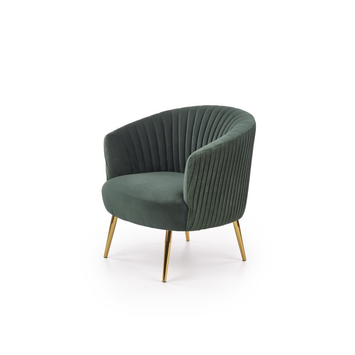 Fotel do salonu, glamour, klasyczny, kolor ciemno zielony, na złotych nogach, z otulającym oparciem, tkanina velvet