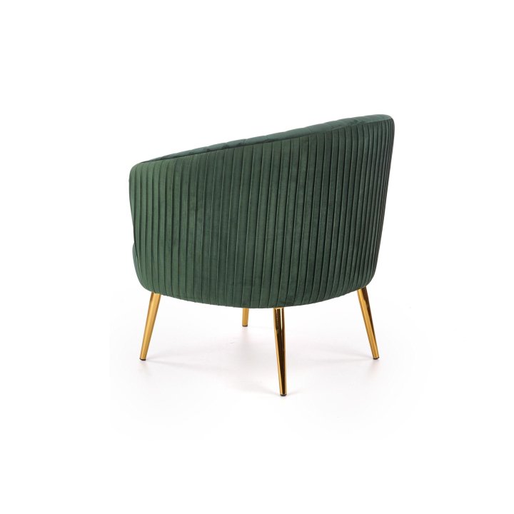 Fotel do salonu, glamour, klasyczny, kolor ciemno zielony, na złotych nogach, z otulającym oparciem, tkanina velvet