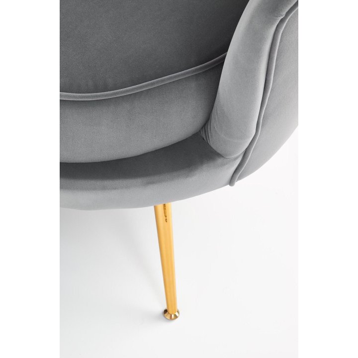 Fotel do salonu, glamour, w kształcie muszli, popielaty ze złotymi nóżkami, tkanina velvet, rozmiar XL