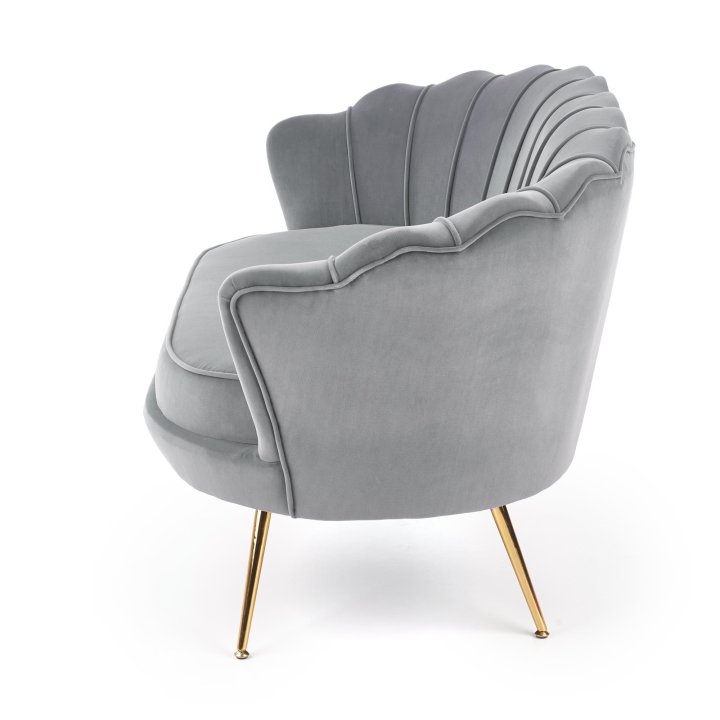 Fotel do salonu, glamour, w kształcie muszli, popielaty ze złotymi nóżkami, tkanina velvet, rozmiar XL