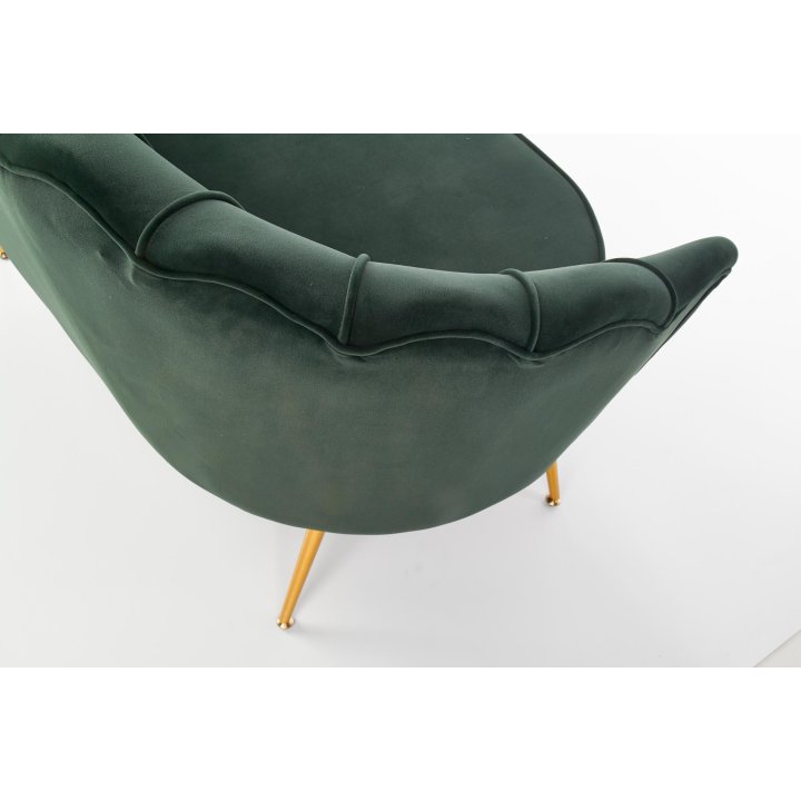 Fotel do salonu, glamour, w kształcie muszli, ciemny zielony ze złotymi nóżkami, tkanina velvet, rozmiar XL