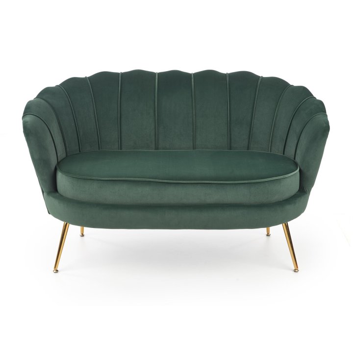 Fotel do salonu, glamour, w kształcie muszli, ciemny zielony ze złotymi nóżkami, tkanina velvet, rozmiar XL