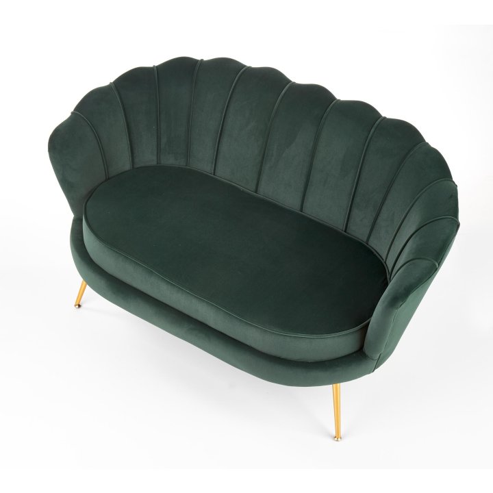 Fotel do salonu, glamour, w kształcie muszli, ciemny zielony ze złotymi nóżkami, tkanina velvet, rozmiar XL