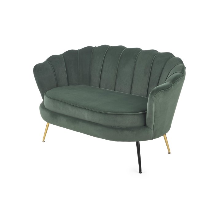 Fotel do salonu, glamour, w kształcie muszli, ciemny zielony ze złotymi nóżkami, tkanina velvet, rozmiar XL