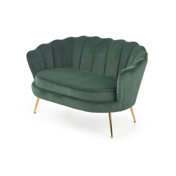 Fotel do salonu, glamour, w kształcie muszli, ciemny zielony ze złotymi nóżkami, tkanina velvet, rozmiar XL