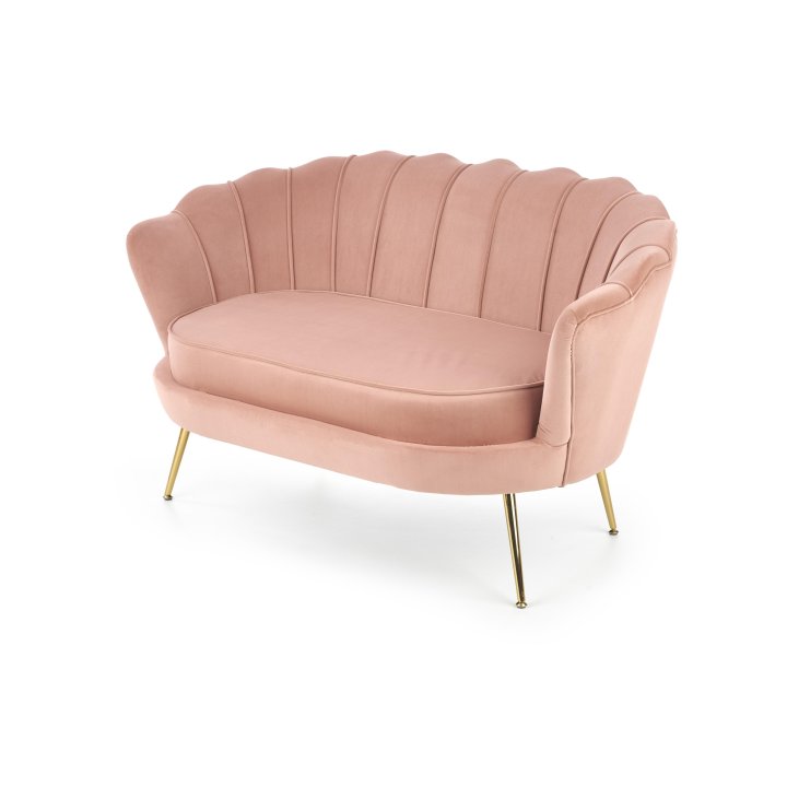 Fotel do salonu, glamour, w kształcie muszli, jasny różowy ze złotymi nóżkami, tkanina velvet, rozmiar XL