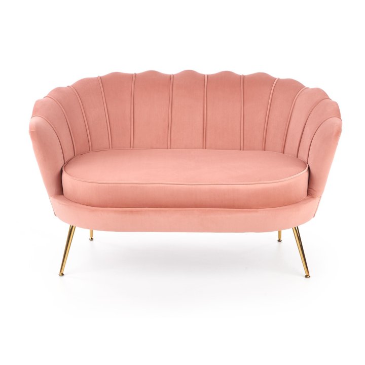 Fotel do salonu, glamour, w kształcie muszli, jasny różowy ze złotymi nóżkami, tkanina velvet, rozmiar XL