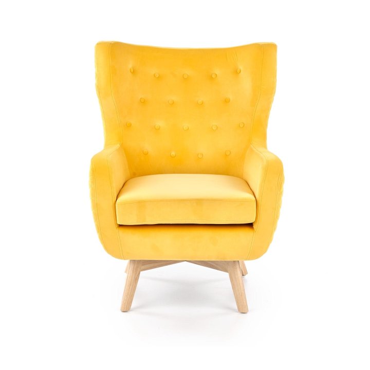 Fotel do salonu, klasyczny, tradycyjny, typu uszak, żółta tapicerka, nóżki drewniane, oparcie pikowane