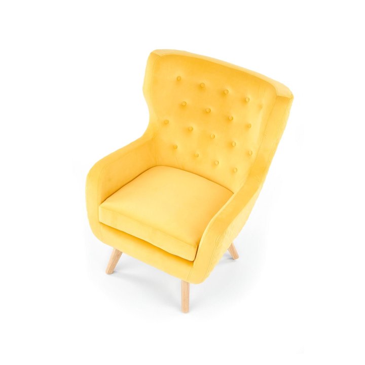 Fotel do salonu, klasyczny, tradycyjny, typu uszak, żółta tapicerka, nóżki drewniane, oparcie pikowane