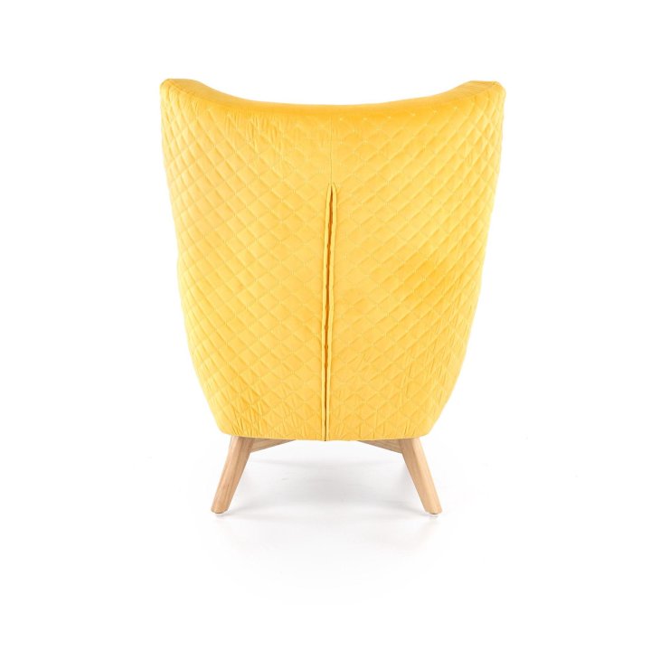 Fotel do salonu, klasyczny, tradycyjny, typu uszak, żółta tapicerka, nóżki drewniane, oparcie pikowane